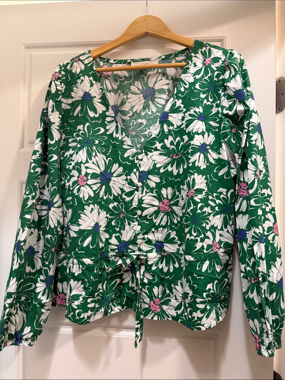 LOFT Green Floral Button-Front Tie-Waist Blouse